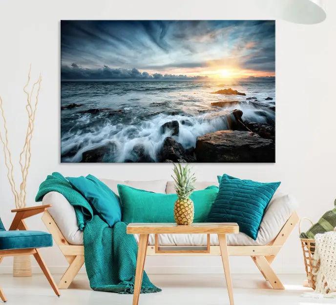 The "Sunset and Stones Wall Art Canvas Print," created by a professional craftsman on museum-quality canvases, is prominently displayed.