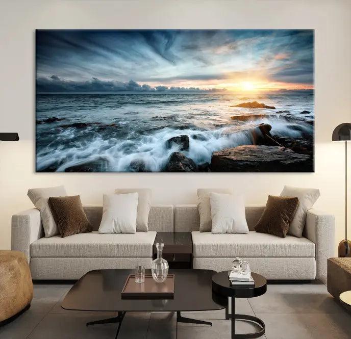 The "Sunset and Stones Wall Art Canvas Print," created by a professional craftsman on museum-quality canvases, is prominently displayed.