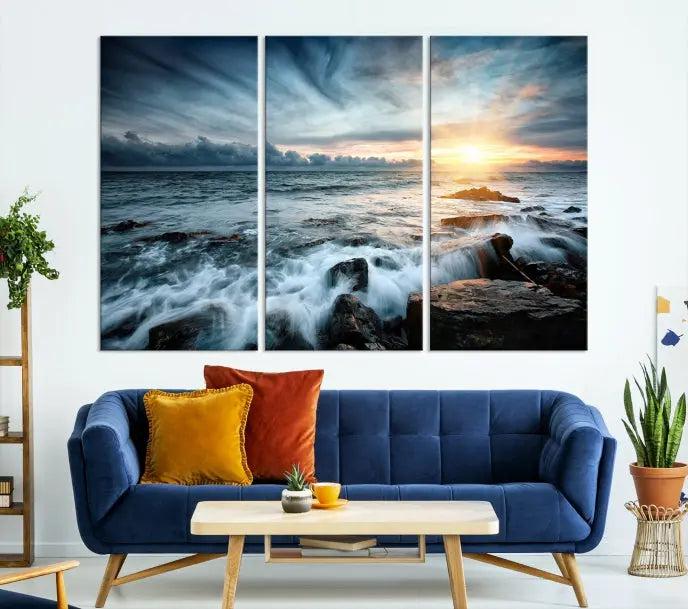 The "Sunset and Stones Wall Art Canvas Print," created by a professional craftsman on museum-quality canvases, is prominently displayed.