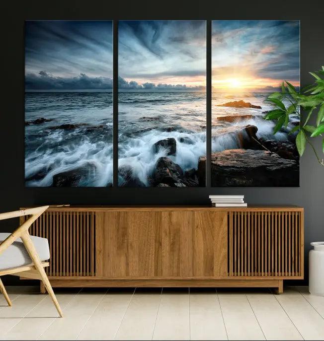 The "Sunset and Stones Wall Art Canvas Print," created by a professional craftsman on museum-quality canvases, is prominently displayed.