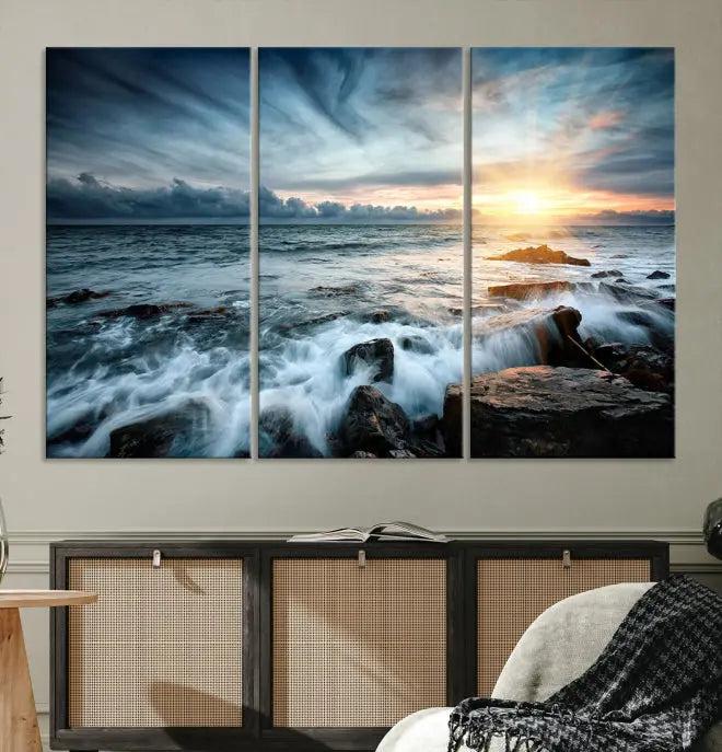 The "Sunset and Stones Wall Art Canvas Print," created by a professional craftsman on museum-quality canvases, is prominently displayed.