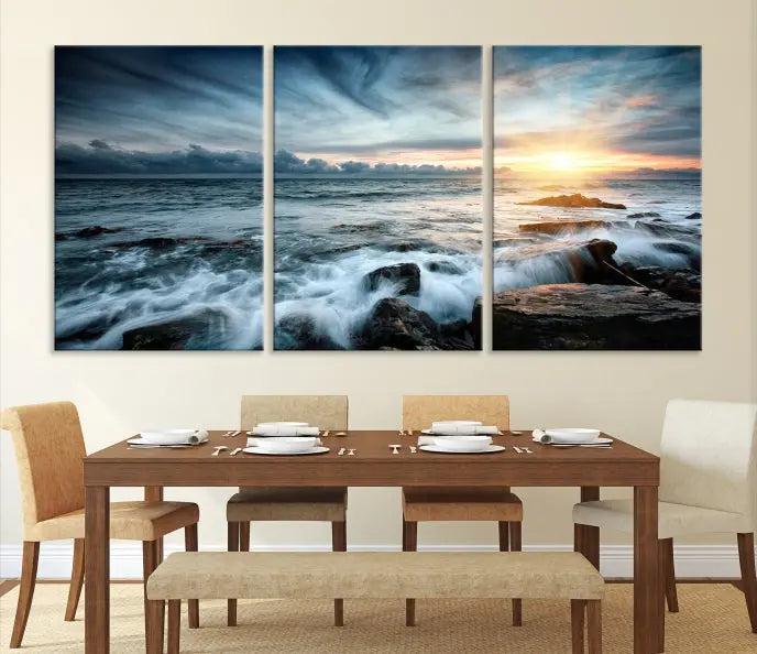 The "Sunset and Stones Wall Art Canvas Print," created by a professional craftsman on museum-quality canvases, is prominently displayed.