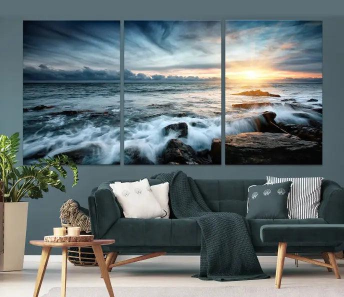 The "Sunset and Stones Wall Art Canvas Print," created by a professional craftsman on museum-quality canvases, is prominently displayed.