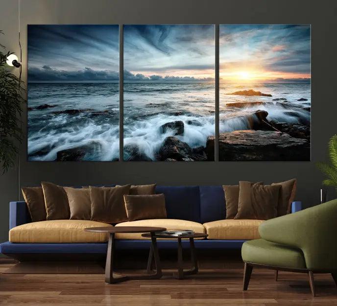 The "Sunset and Stones Wall Art Canvas Print," created by a professional craftsman on museum-quality canvases, is prominently displayed.