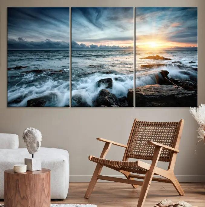 The "Sunset and Stones Wall Art Canvas Print," created by a professional craftsman on museum-quality canvases, is prominently displayed.