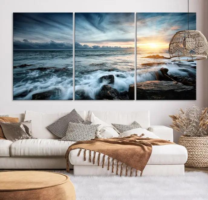 The "Sunset and Stones Wall Art Canvas Print," created by a professional craftsman on museum-quality canvases, is prominently displayed.