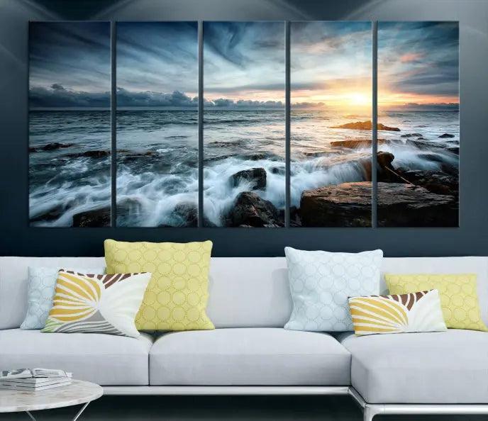 The "Sunset and Stones Wall Art Canvas Print," created by a professional craftsman on museum-quality canvases, is prominently displayed.