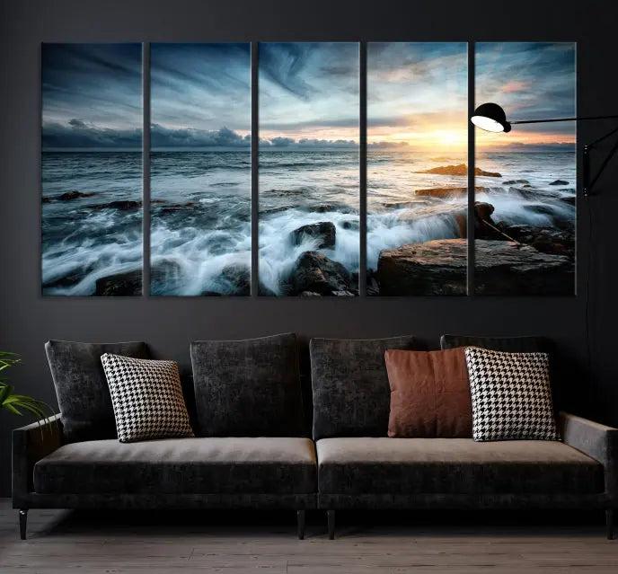 The "Sunset and Stones Wall Art Canvas Print," created by a professional craftsman on museum-quality canvases, is prominently displayed.