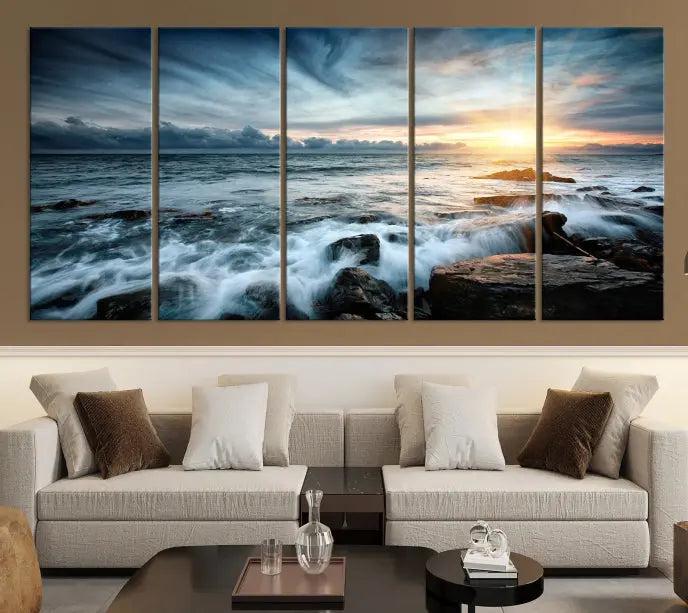 The "Sunset and Stones Wall Art Canvas Print," created by a professional craftsman on museum-quality canvases, is prominently displayed.