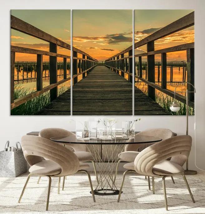 The "Sunset and Wood Bridge" triptych, printed on museum-quality canvases with a UV-protective coating, adorns the wall.