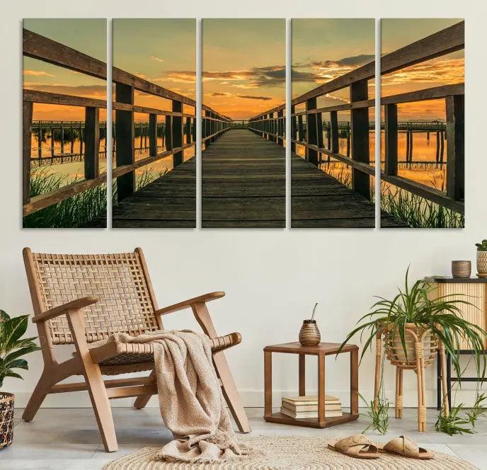 The "Sunset and Wood Bridge" triptych, printed on museum-quality canvases with a UV-protective coating, adorns the wall.