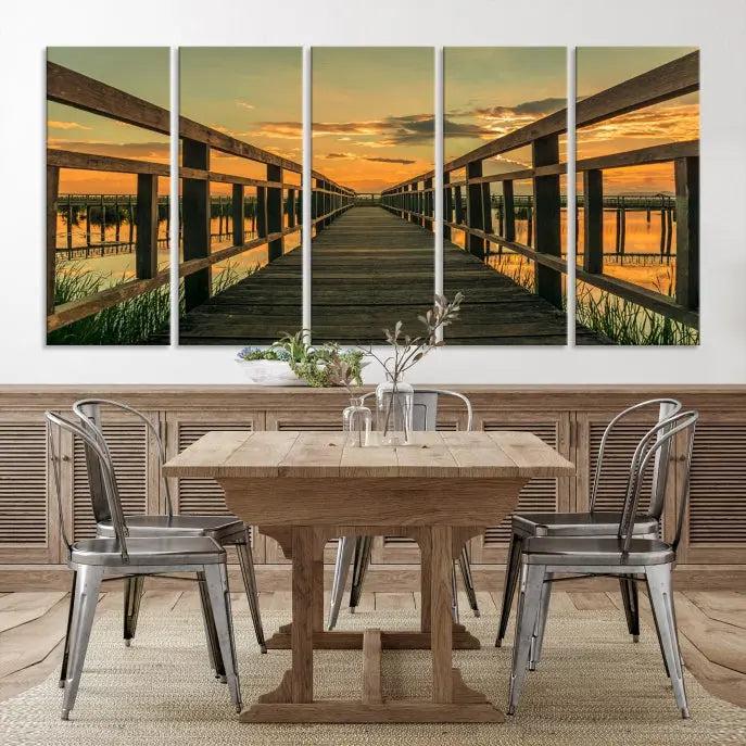 The "Sunset and Wood Bridge" triptych, printed on museum-quality canvases with a UV-protective coating, adorns the wall.