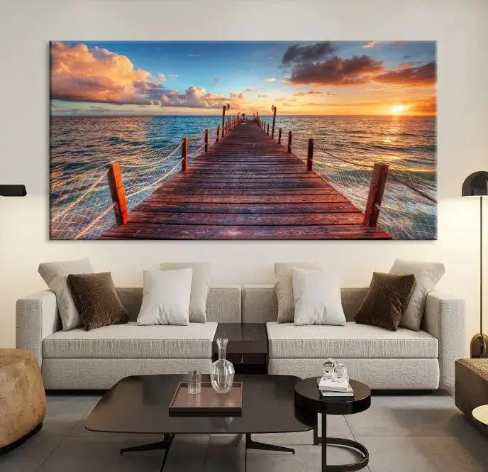 A gallery-wrapped triptych of the "Sunset and Wood Pier Wall Art Canvas Print" is expertly printed on museum-quality canvas with a UV-protective coating.