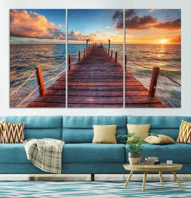 A gallery-wrapped triptych of the "Sunset and Wood Pier Wall Art Canvas Print" is expertly printed on museum-quality canvas with a UV-protective coating.