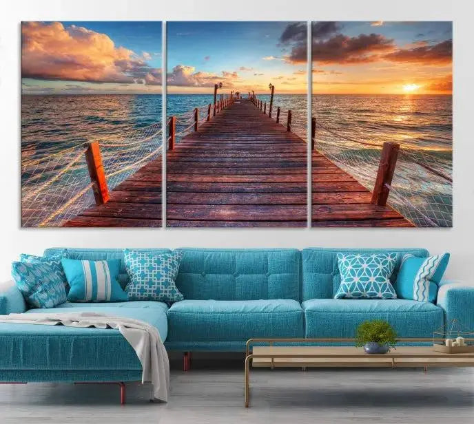 A gallery-wrapped triptych of the "Sunset and Wood Pier Wall Art Canvas Print" is expertly printed on museum-quality canvas with a UV-protective coating.