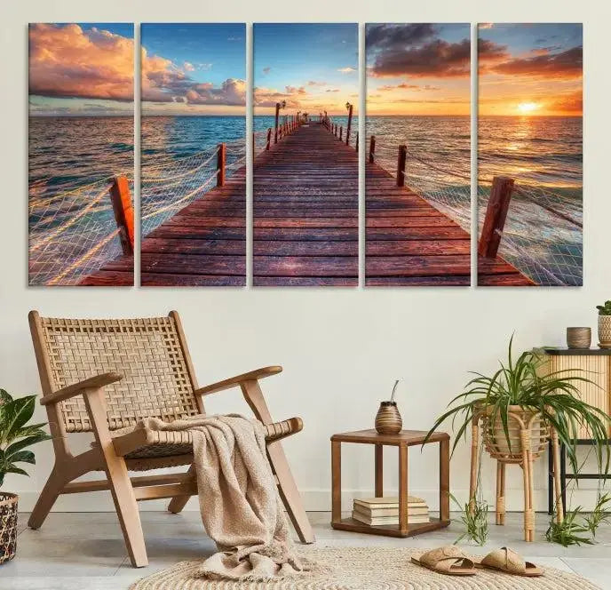 A gallery-wrapped triptych of the "Sunset and Wood Pier Wall Art Canvas Print" is expertly printed on museum-quality canvas with a UV-protective coating.