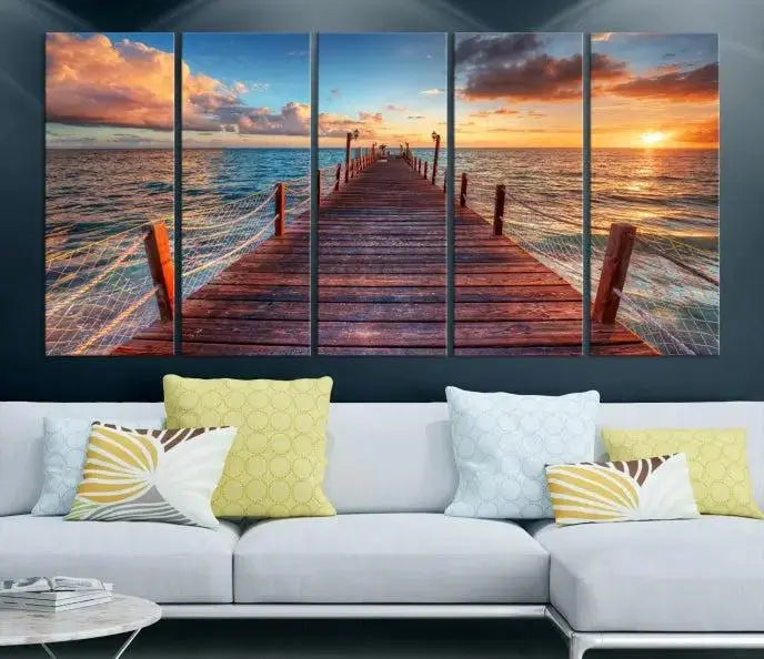 A gallery-wrapped triptych of the "Sunset and Wood Pier Wall Art Canvas Print" is expertly printed on museum-quality canvas with a UV-protective coating.