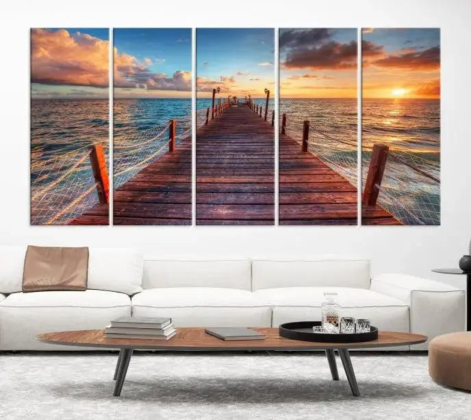 A gallery-wrapped triptych of the "Sunset and Wood Pier Wall Art Canvas Print" is expertly printed on museum-quality canvas with a UV-protective coating.