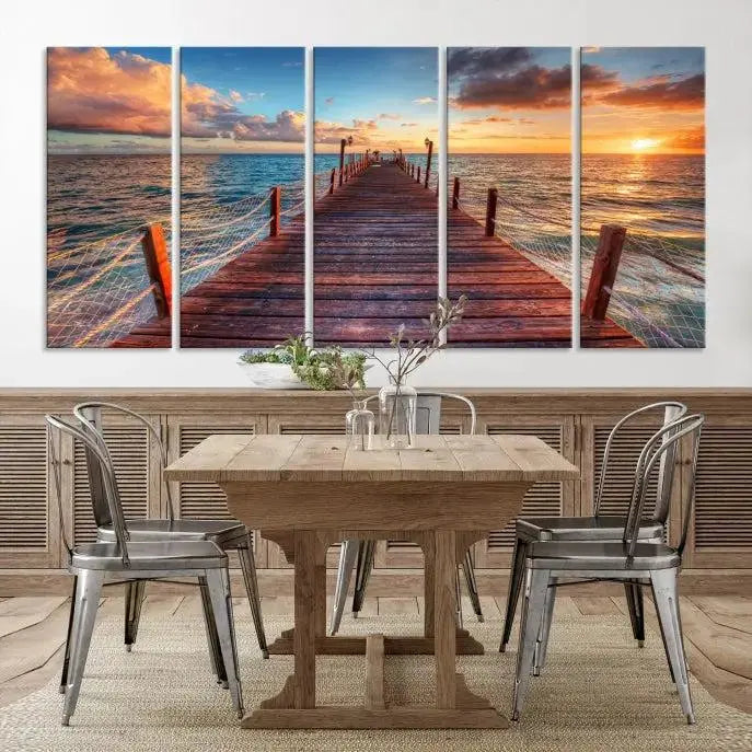 A gallery-wrapped triptych of the "Sunset and Wood Pier Wall Art Canvas Print" is expertly printed on museum-quality canvas with a UV-protective coating.