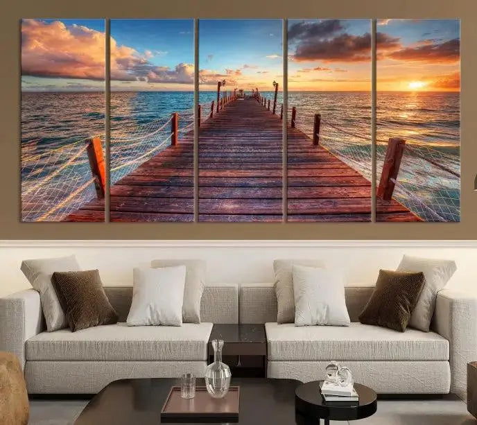 A gallery-wrapped triptych of the "Sunset and Wood Pier Wall Art Canvas Print" is expertly printed on museum-quality canvas with a UV-protective coating.