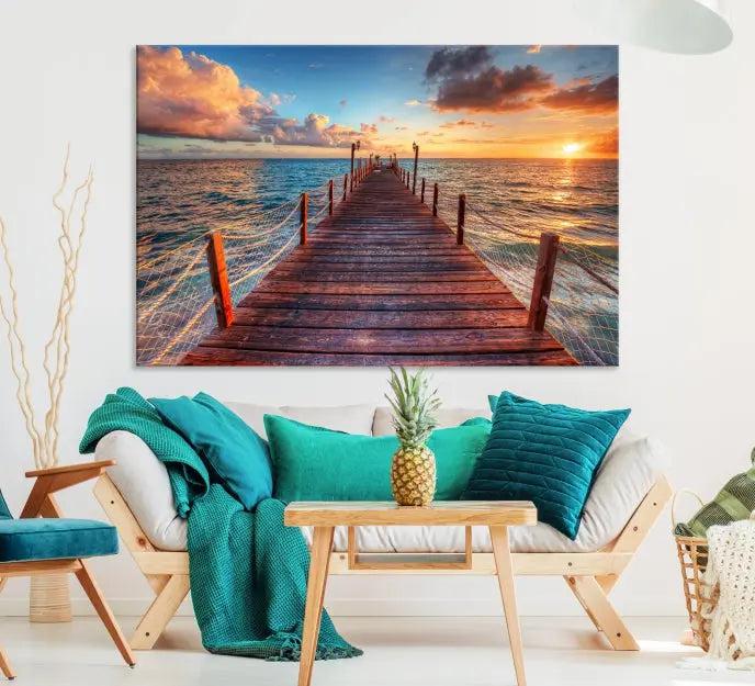 A gallery-wrapped triptych of the "Sunset and Wood Pier Wall Art Canvas Print" is expertly printed on museum-quality canvas with a UV-protective coating.