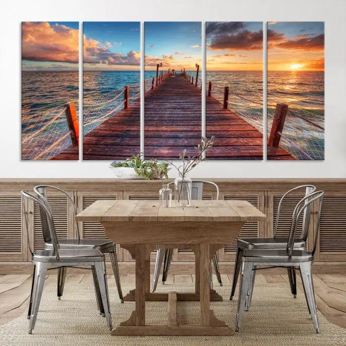 A gallery-wrapped triptych of the "Sunset and Wood Pier Wall Art Canvas Print" is expertly printed on museum-quality canvas with a UV-protective coating.