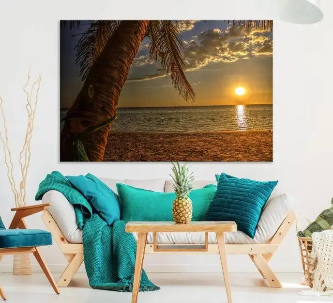 Living room with a museum-quality Sunset on Beach Wall Art Ocean Beach Canvas Print that's ready to hang.