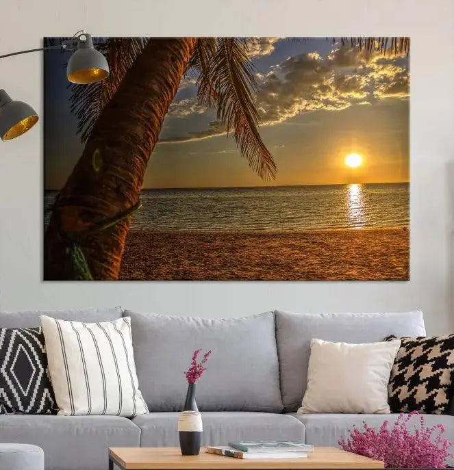 Living room with a museum-quality Sunset on Beach Wall Art Ocean Beach Canvas Print that's ready to hang.