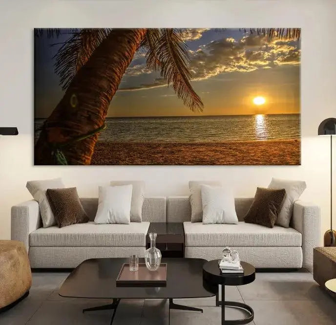 Living room with a museum-quality Sunset on Beach Wall Art Ocean Beach Canvas Print that's ready to hang.