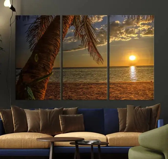 Living room with a museum-quality Sunset on Beach Wall Art Ocean Beach Canvas Print that's ready to hang.