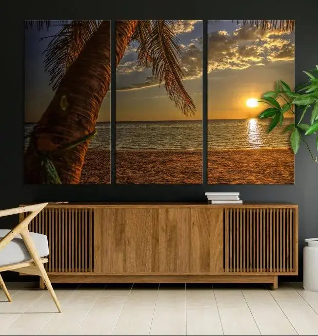 Living room with a museum-quality Sunset on Beach Wall Art Ocean Beach Canvas Print that's ready to hang.