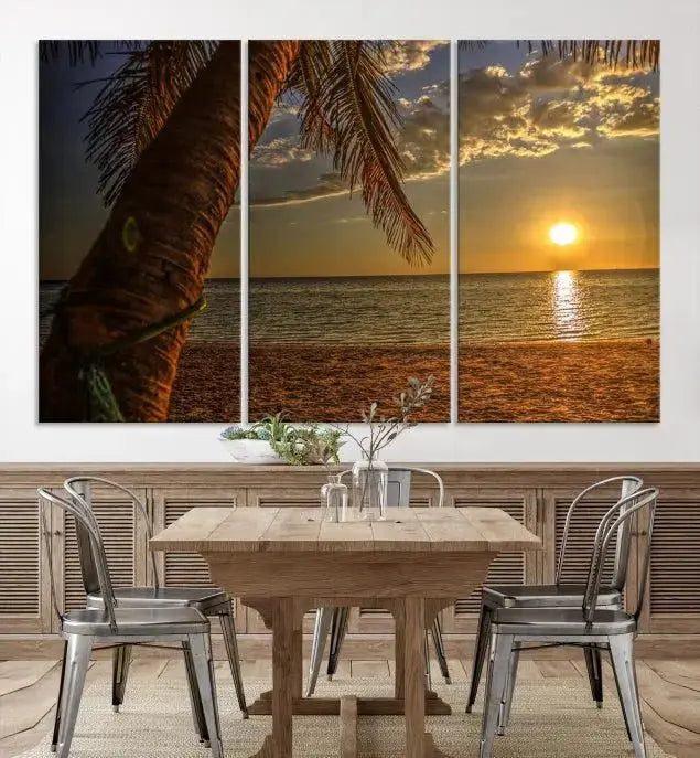 Living room with a museum-quality Sunset on Beach Wall Art Ocean Beach Canvas Print that's ready to hang.