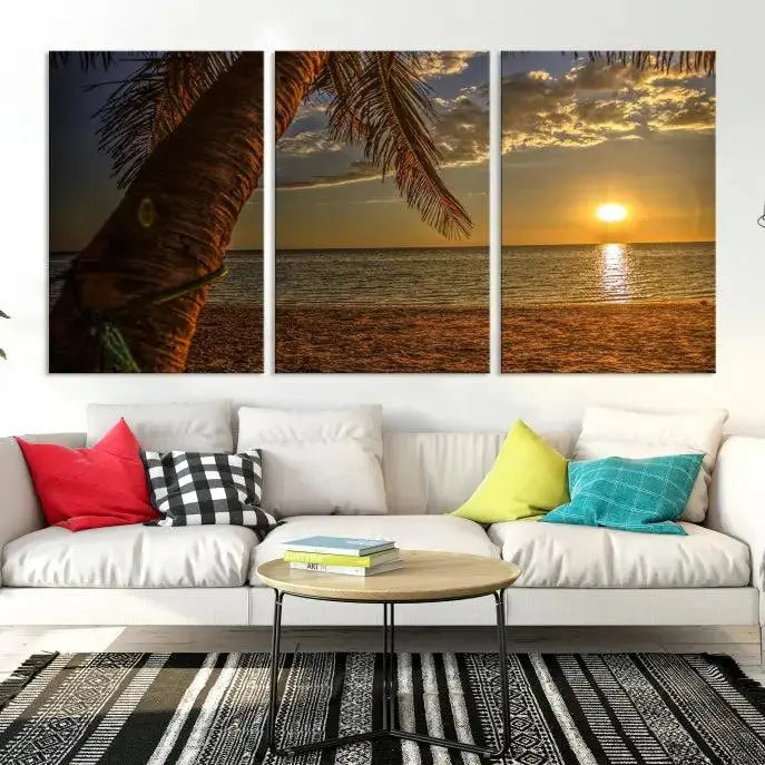 Living room with a museum-quality Sunset on Beach Wall Art Ocean Beach Canvas Print that's ready to hang.