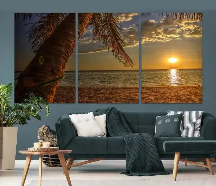 Living room with a museum-quality Sunset on Beach Wall Art Ocean Beach Canvas Print that's ready to hang.