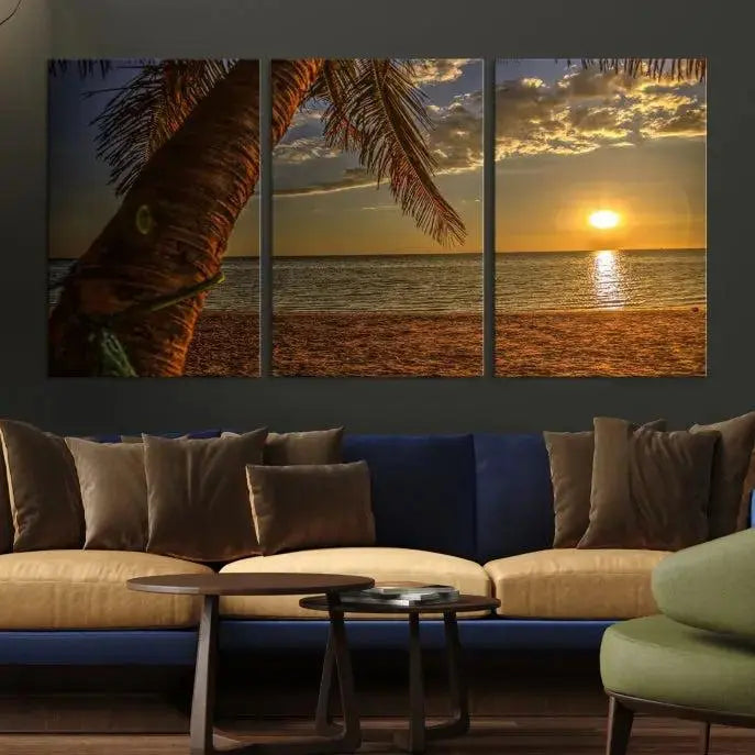 Living room with a museum-quality Sunset on Beach Wall Art Ocean Beach Canvas Print that's ready to hang.