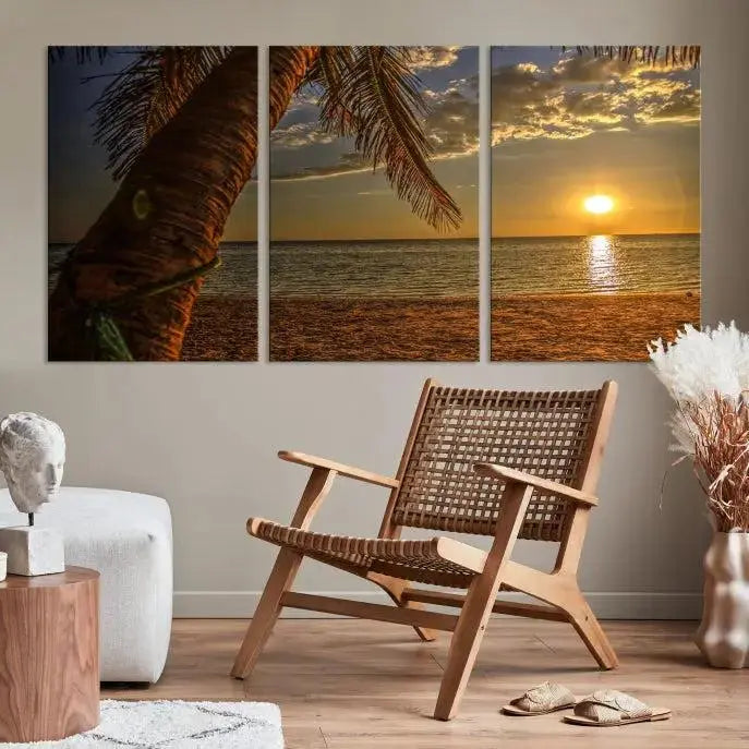 Living room with a museum-quality Sunset on Beach Wall Art Ocean Beach Canvas Print that's ready to hang.