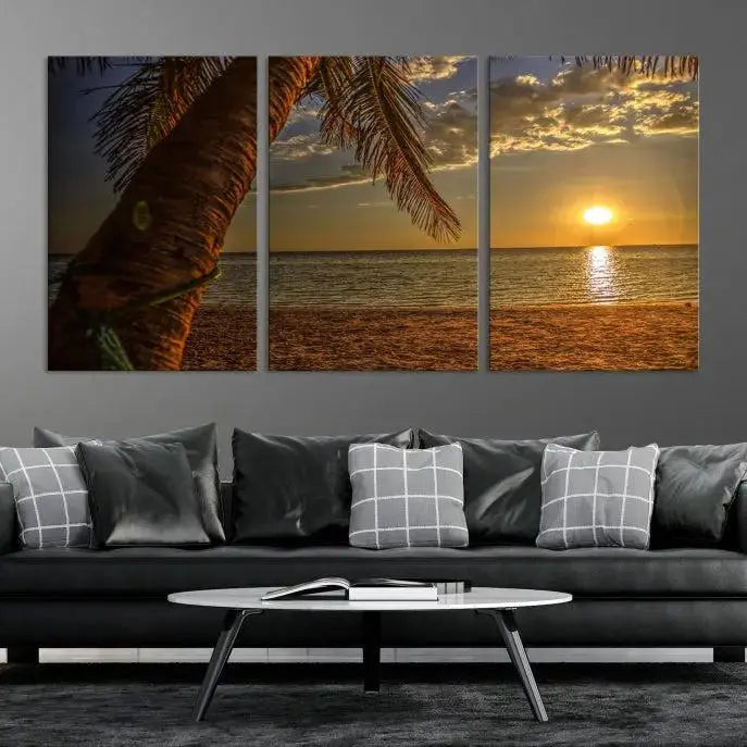 Living room with a museum-quality Sunset on Beach Wall Art Ocean Beach Canvas Print that's ready to hang.