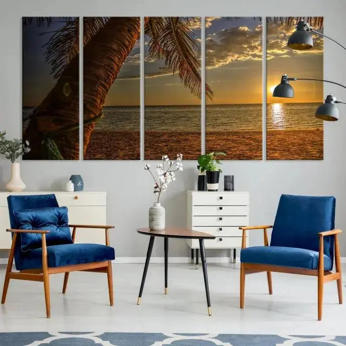 Living room with a museum-quality Sunset on Beach Wall Art Ocean Beach Canvas Print that's ready to hang.