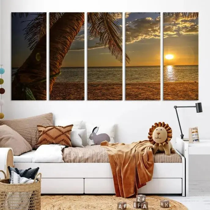 Living room with a museum-quality Sunset on Beach Wall Art Ocean Beach Canvas Print that's ready to hang.