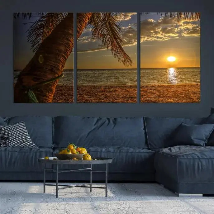 Living room with a museum-quality Sunset on Beach Wall Art Ocean Beach Canvas Print that's ready to hang.