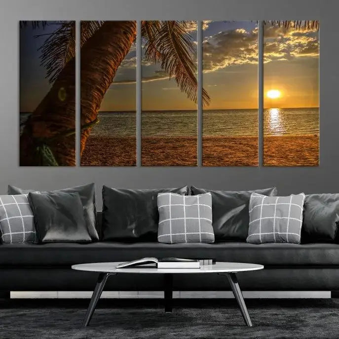 Living room with a museum-quality Sunset on Beach Wall Art Ocean Beach Canvas Print that's ready to hang.