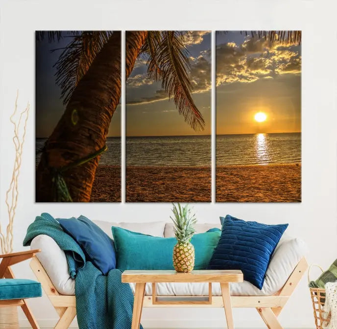 Living room with a museum-quality Sunset on Beach Wall Art Ocean Beach Canvas Print that's ready to hang.