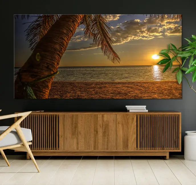 Living room with a museum-quality Sunset on Beach Wall Art Ocean Beach Canvas Print that's ready to hang.