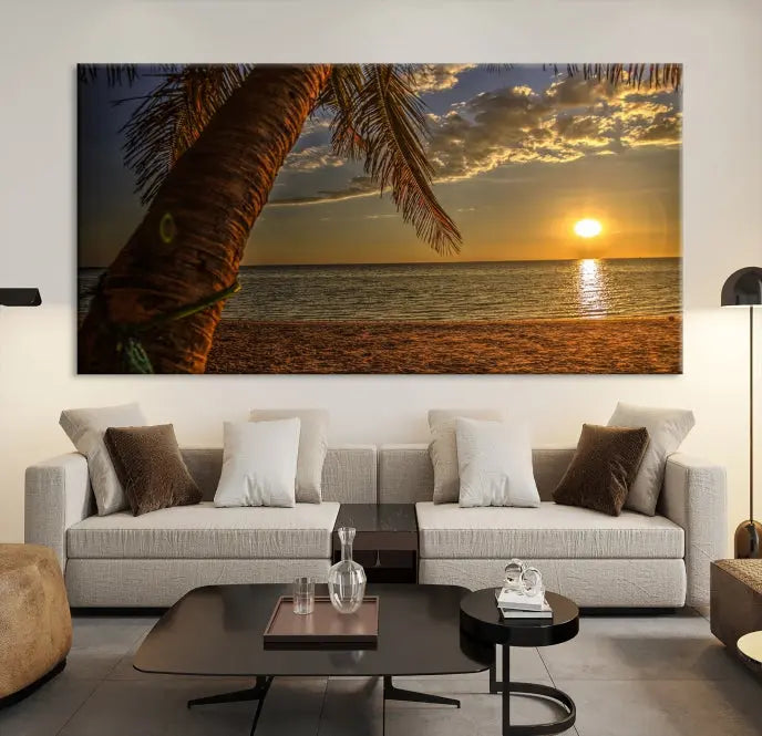 Living room with a museum-quality Sunset on Beach Wall Art Ocean Beach Canvas Print that's ready to hang.