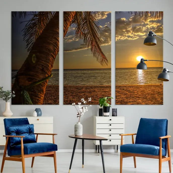 Living room with a museum-quality Sunset on Beach Wall Art Ocean Beach Canvas Print that's ready to hang.