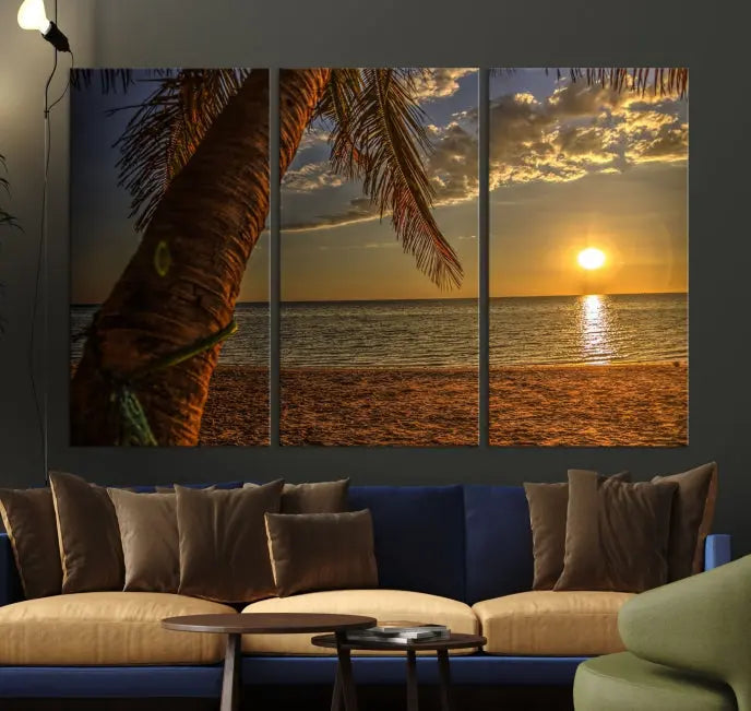 Living room with a museum-quality Sunset on Beach Wall Art Ocean Beach Canvas Print that's ready to hang.