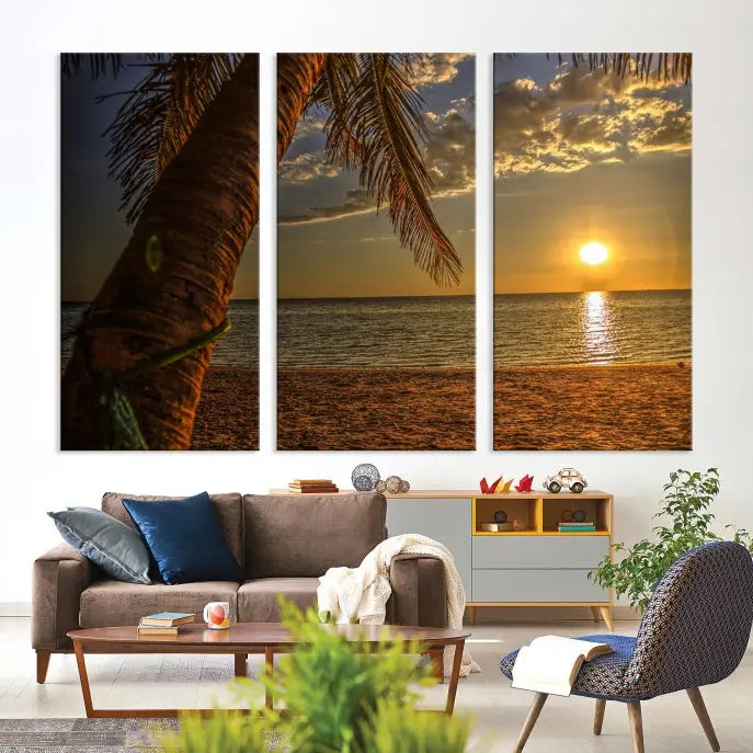 Living room with a museum-quality Sunset on Beach Wall Art Ocean Beach Canvas Print that's ready to hang.