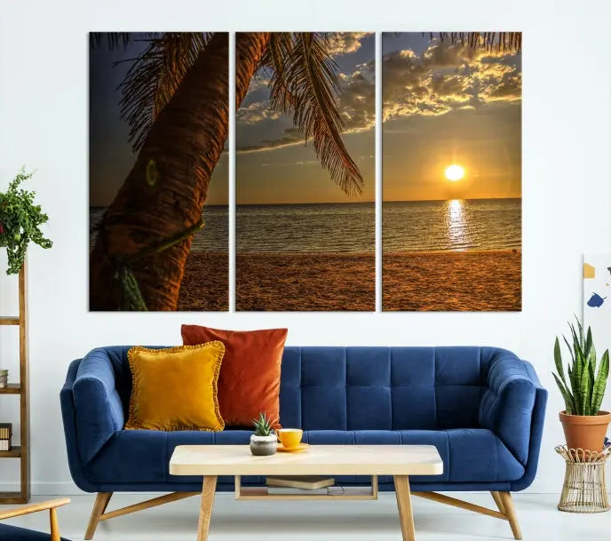 Living room with a museum-quality Sunset on Beach Wall Art Ocean Beach Canvas Print that's ready to hang.