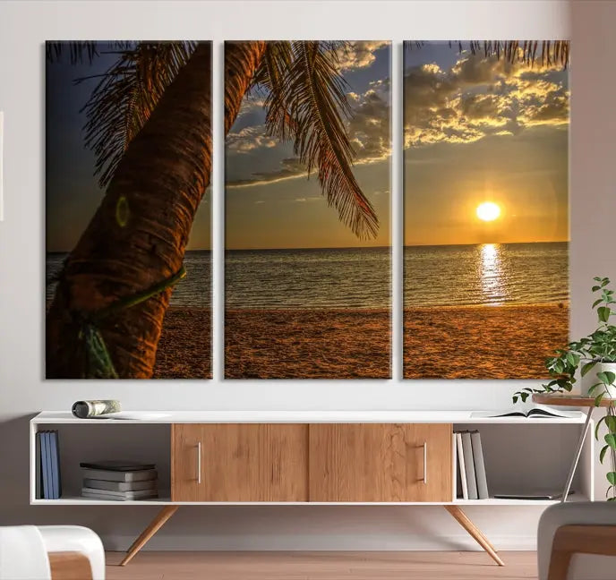 Living room with a museum-quality Sunset on Beach Wall Art Ocean Beach Canvas Print that's ready to hang.