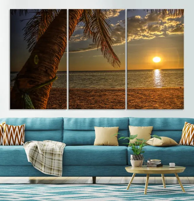 Living room with a museum-quality Sunset on Beach Wall Art Ocean Beach Canvas Print that's ready to hang.